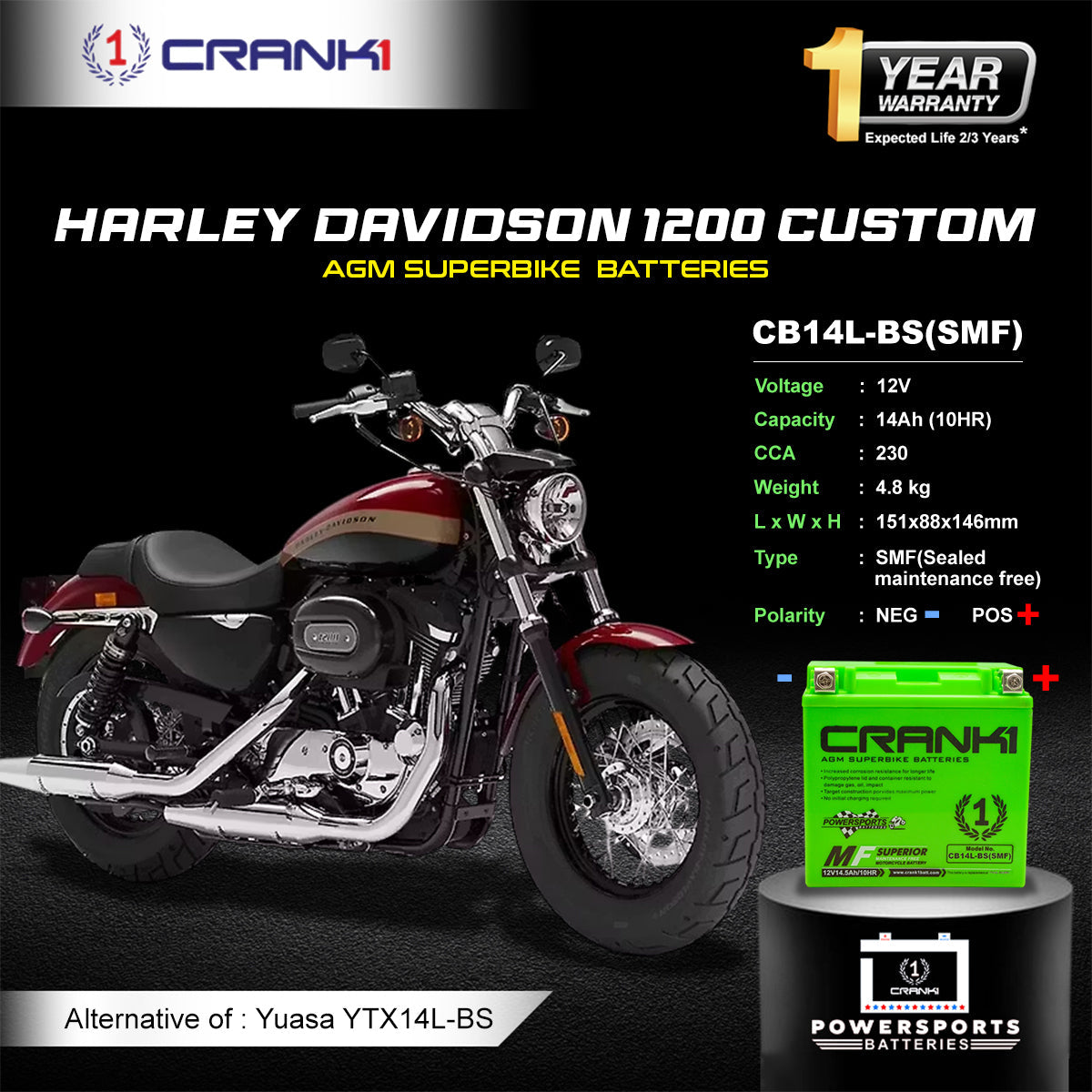 Battery For Harley Davidson 1200 Custom (2010-2025) - CB14L-BS - Factory Activated - CRANK1