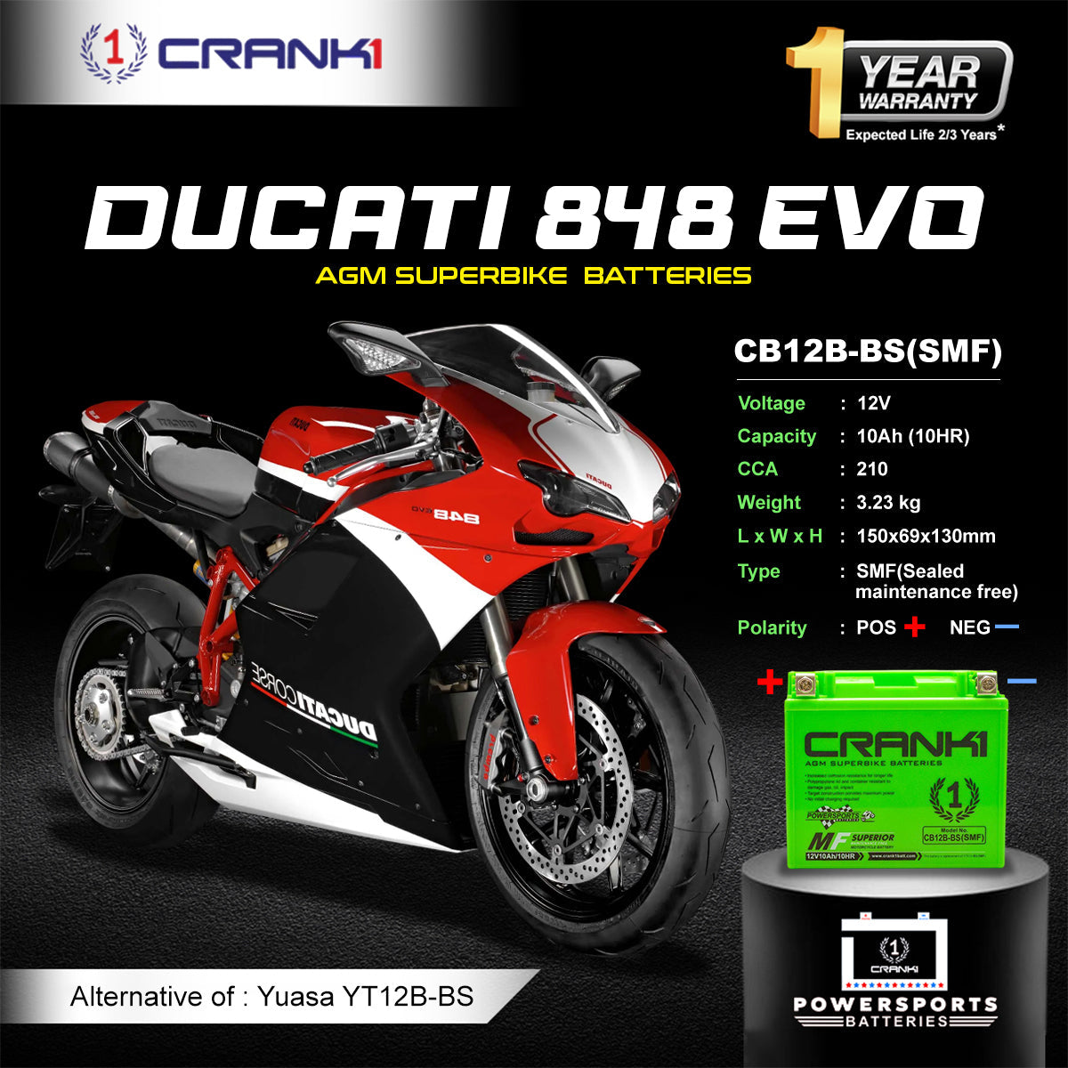 Battery For Ducati 848 EVO (2015-2025) - CB12B-BS - Factory Activated - CRANK1