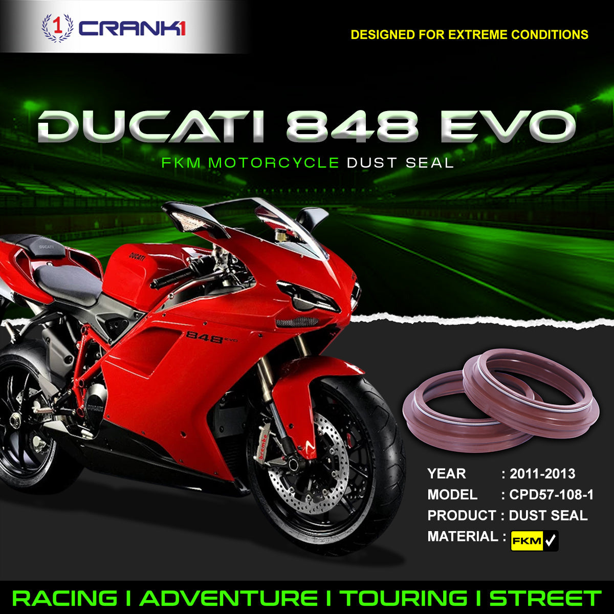 Fork Dust Seals Pair For Ducati 848 EVO (2011-2013) - CPD57-108-1 - CRANK1
