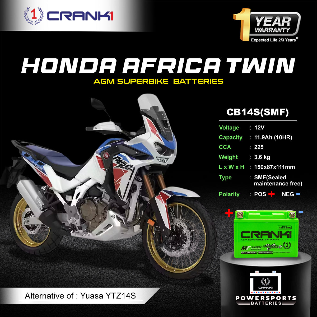 Battery For Honda Africa Twin (2016-2017) - CB14S - Factory Activated - CRANK1