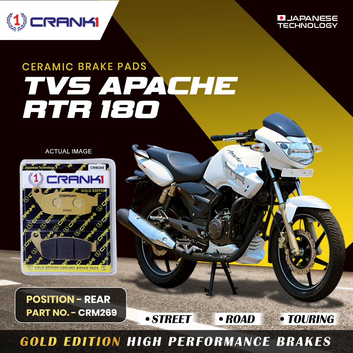 Ceramic Brake Pads For TVS Apache RTR 180 - Rear - CRM269 - 1 Set - CRANK1