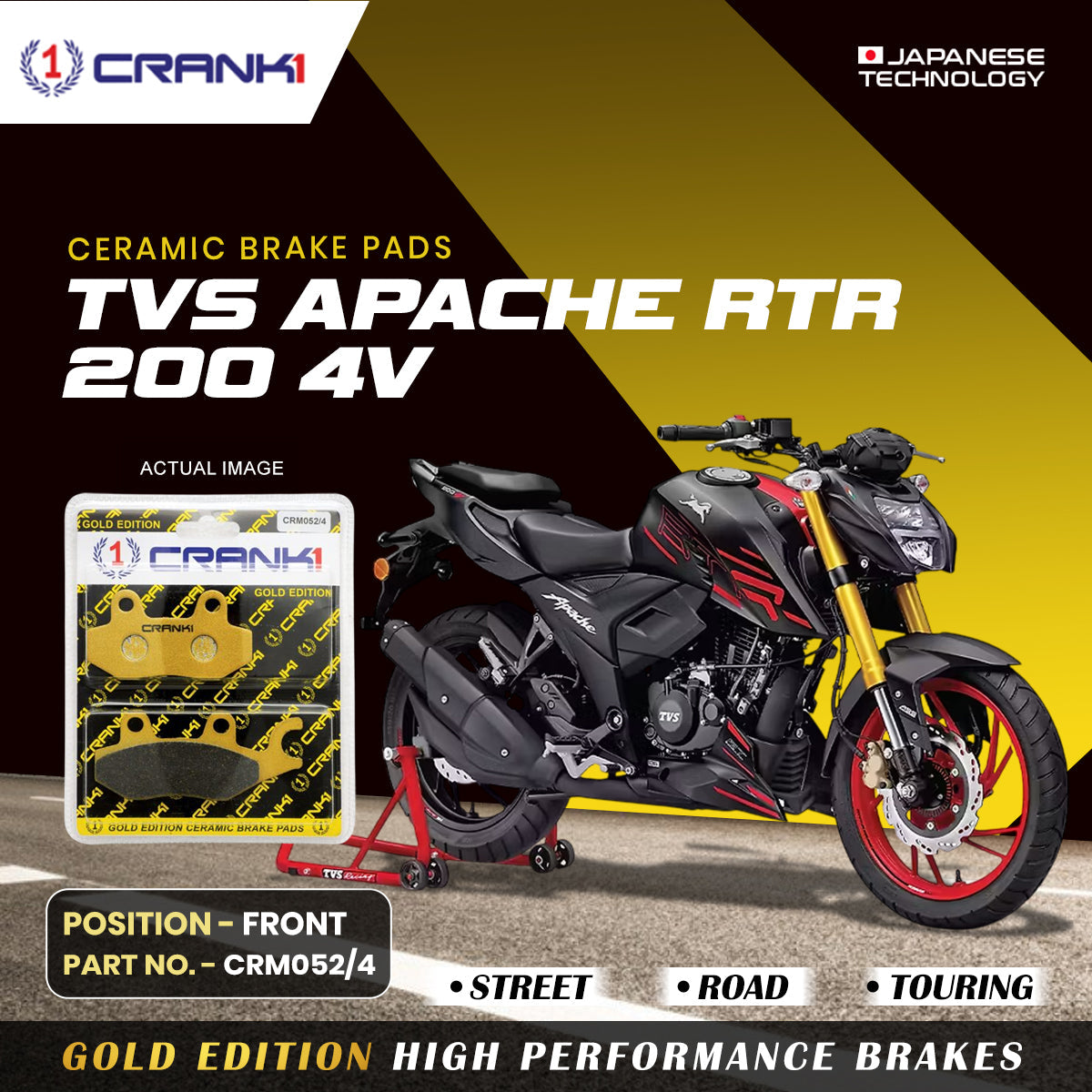 Ceramic Brake Pads For TVS Apache RTR 200 4V - Front - CRM052/4 - 1 Set - CRANK1