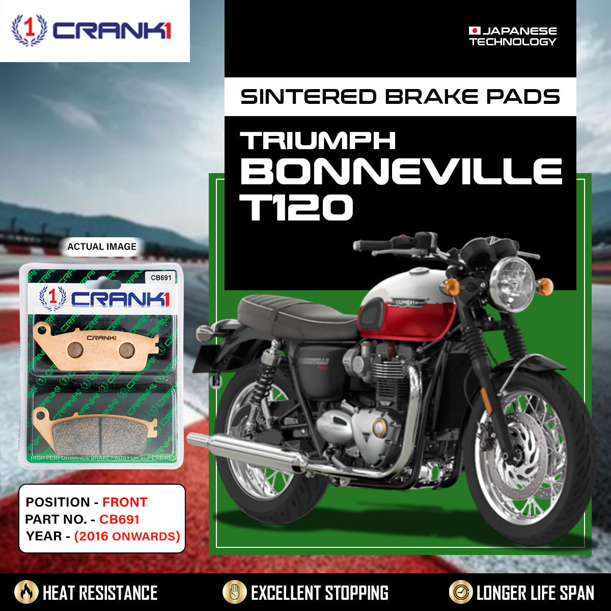 Sintered Brake Pads For Triumph Bonneville T120 (2016 Onwards) - Front - CB691 - 1 Set - CRANK1
