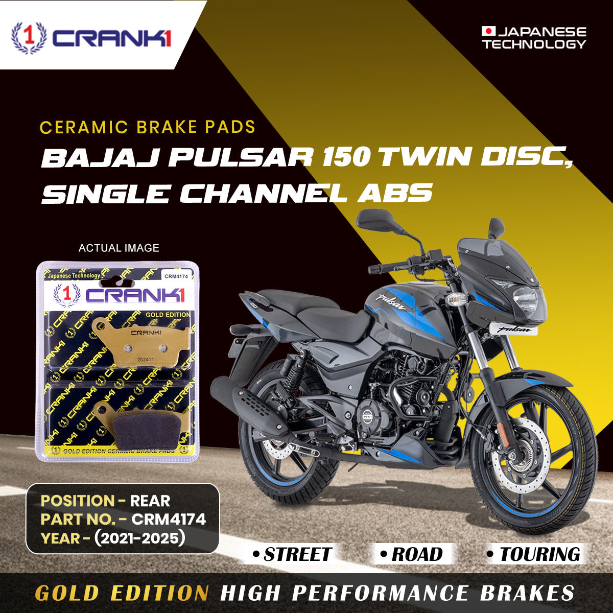Ceramic Brake Pads For Bajaj Pulsar 150 Twin Disc, Single Channel ABS (2021-2025) - Rear - CRM4174 - 1 Set - CRANK1
