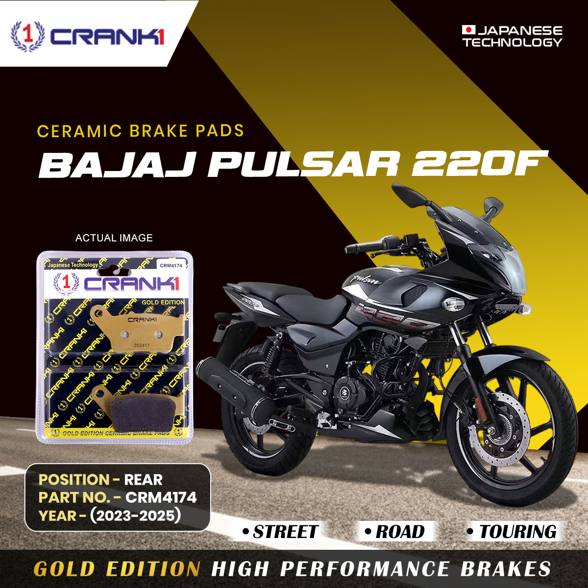 Ceramic Brake Pads For Bajaj Pulsar 220F (2023-2025) - Rear - CRM4174 - 1 Set - CRANK1