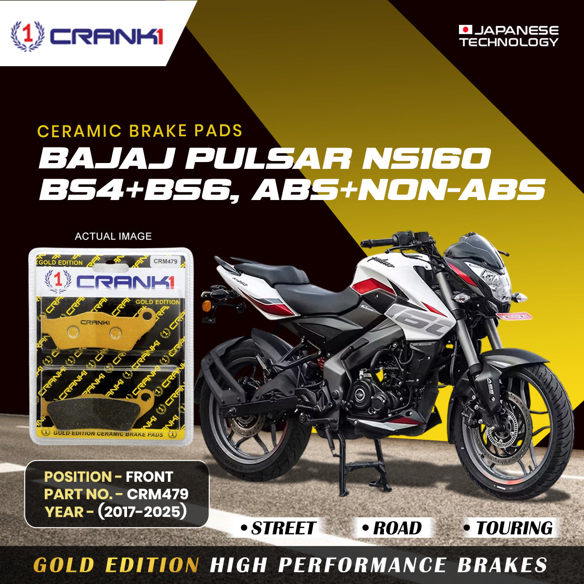 Ceramic Brake Pads For Bajaj Pulsar NS-160 BS4+BS6,ABS+NON-ABS (2017-2025) - Front - CRM479 - 1 Set - CRANK1