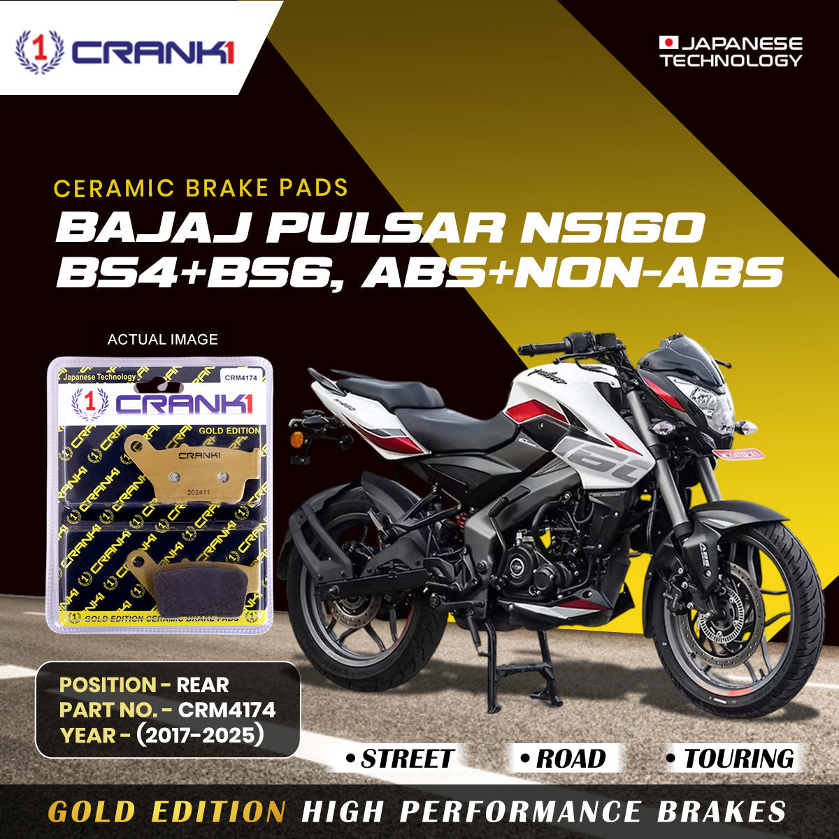 Ceramic Brake Pads For Bajaj Pulsar NS-160 BS4+BS6, ABS+NON-ABS (2017-2025) - Rear - CRM4174 - 1 Set - CRANK1