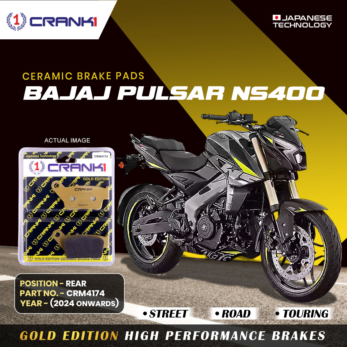 Ceramic Brake Pads For Bajaj Pulsar NS400 (2024 Onwards) - Rear - CRM4174 - 1 Set - CRANK1