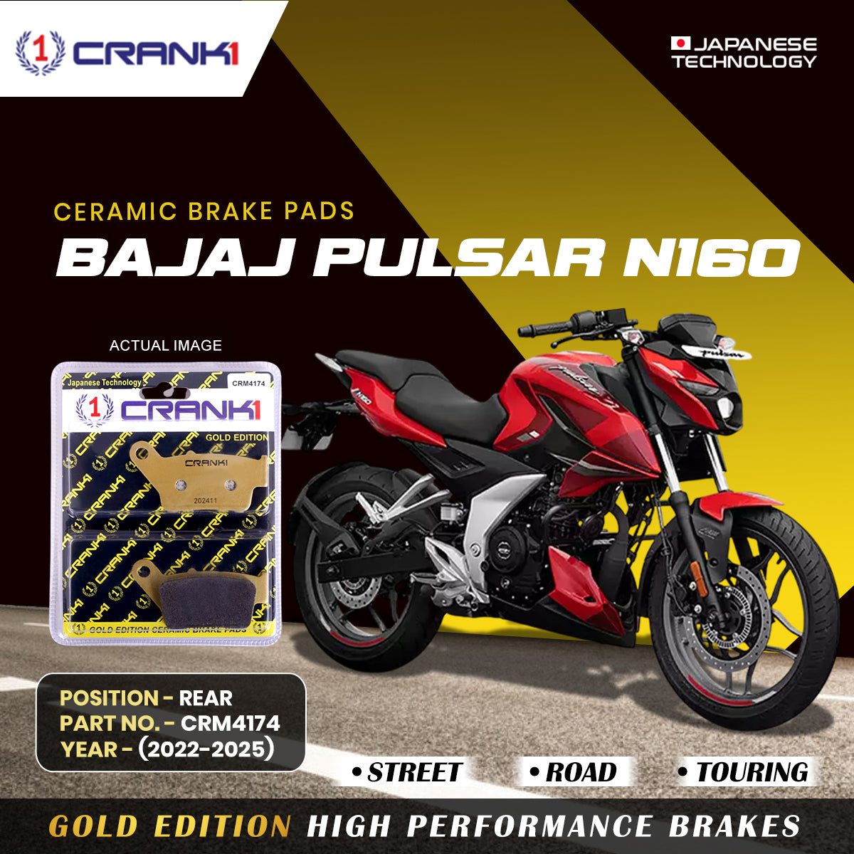 Ceramic Brake Pads For Bajaj Pulsar N160 (2022-2025) - Rear - CRM4174 - 1 Set - CRANK1
