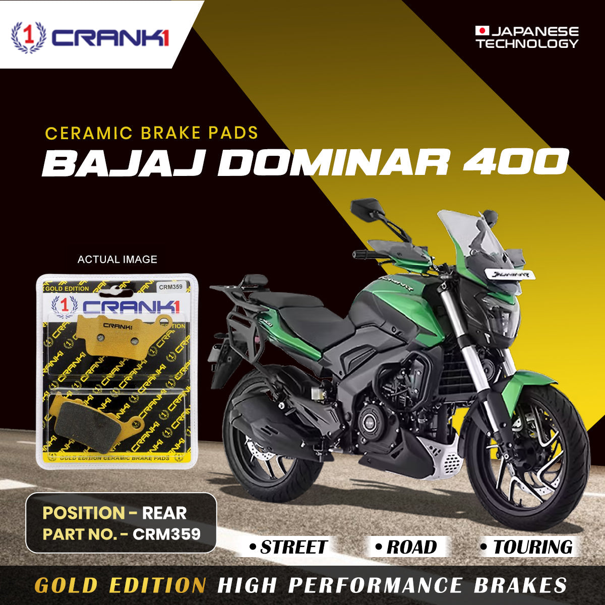 Ceramic Brake Pads For Bajaj Dominar 400 - Rear - CRM359 - 1 Set - CRANK1