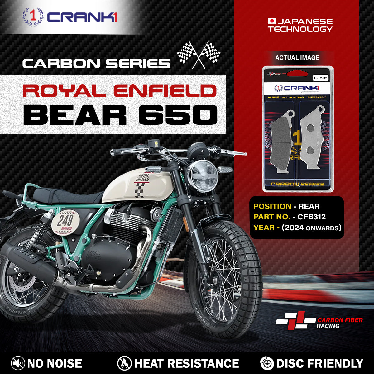 Carbon Brake Pads For Royal Enfield Bear 650 (2024 onwards) - Front - CFB902 - 1 Set - CRANK1