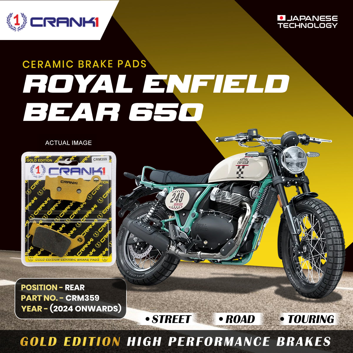 Ceramic Brake Pads For Royal Enfield Bear 650 (2024 onwards) - Rear - CRM359 - 1 Set - CRANK1