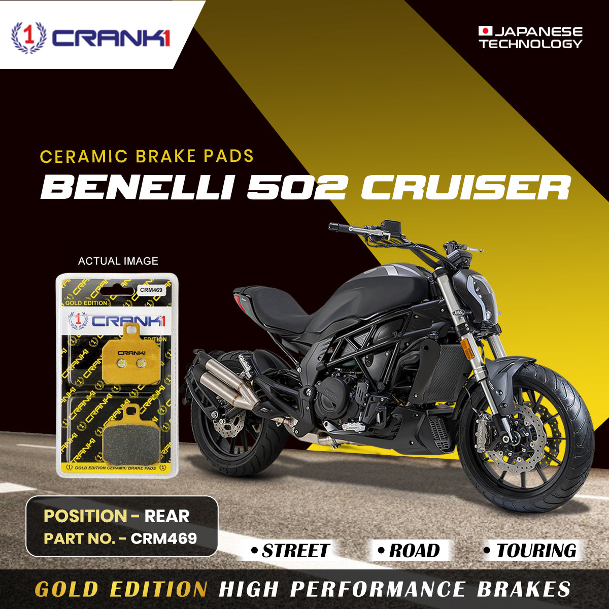 Ceramic Brake Pads For Benelli 502C Cruiser - Rear - CRM469 - 1 Set - CRANK1