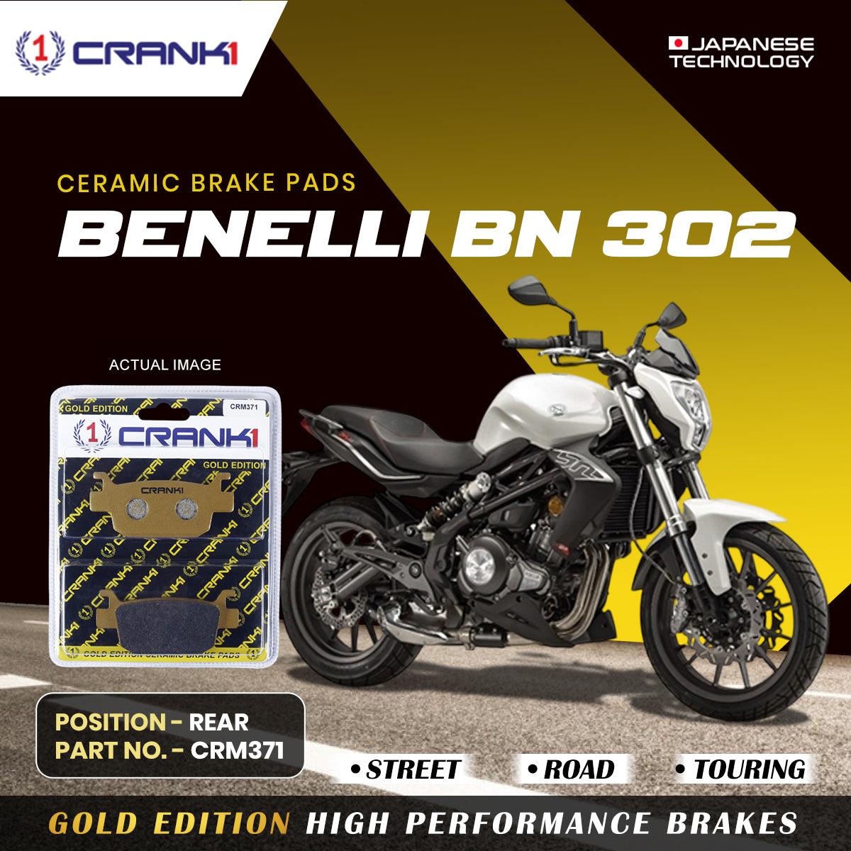 Ceramic Brake Pads For Benelli BN 302 - Rear - CRM371 - 1 Set - CRANK1
