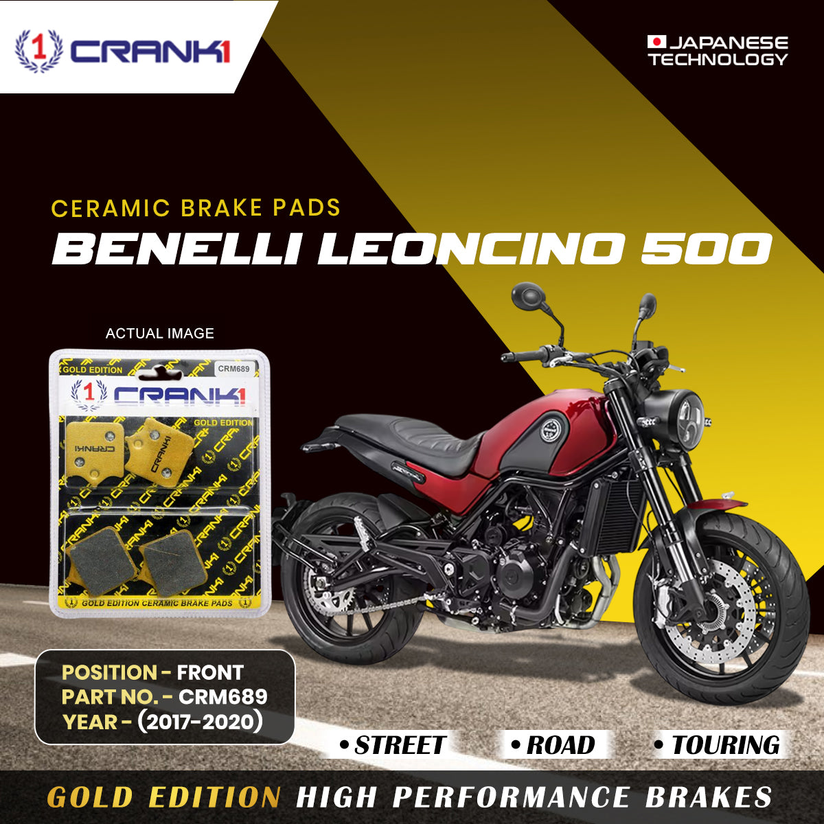 Ceramic Brake Pads For Benelli Leoncino 500 (2017-2020) - Front - CRM689 - 1 Set - CRANK1