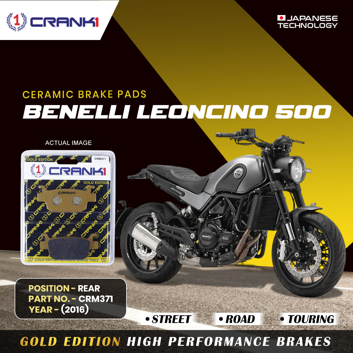 Ceramic Brake Pads For Benelli Leoncino 500 (2016) - Rear - CRM371 - 1 Set - CRANK1