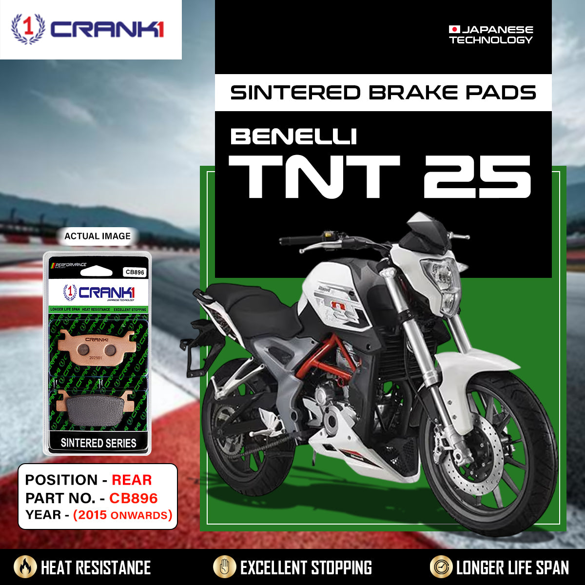 Sintered Brake Pads For Benelli TNT 25 (2015 Onwards) - Rear - CB896 - 1 Set - CRANK1