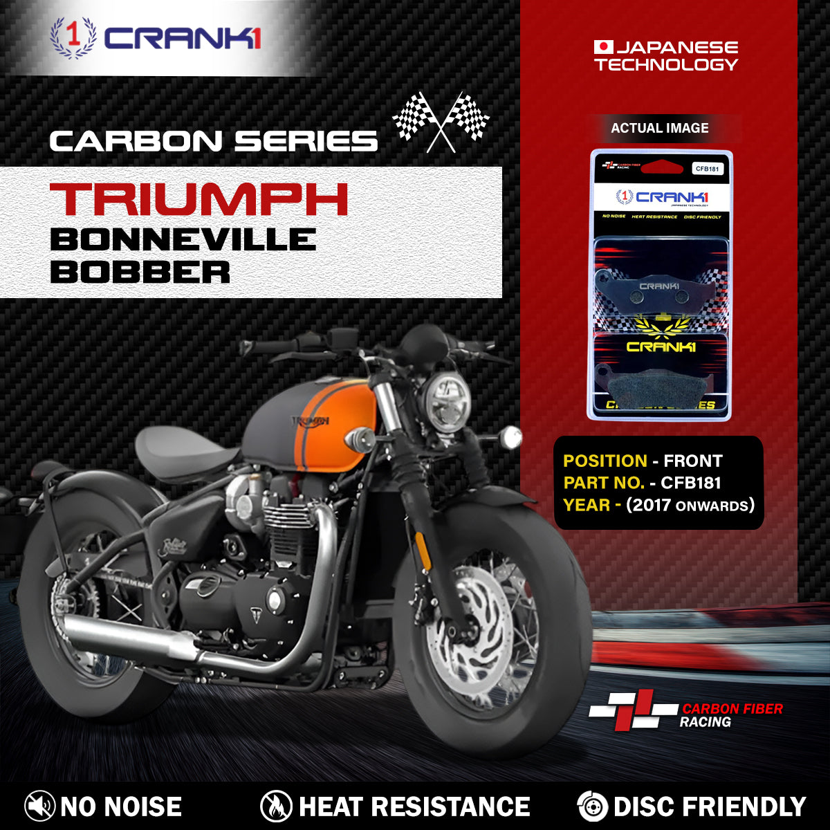 Carbon Brake Pads For Triumph Bonneville Bobber (2017 Onwards) - Front - CFB181 - 2 Sets - CRANK1