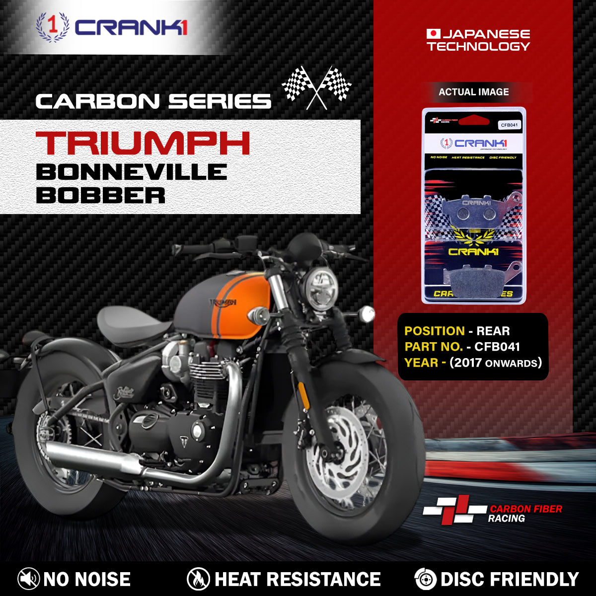 Carbon Brake Pads For Triumph Bonneville Bobber (2017 Onwards) - Rear - CFB041 - 1 Set - CRANK1
