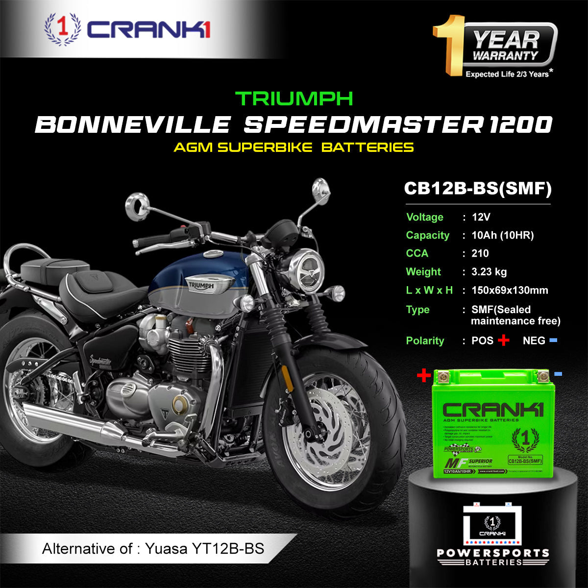Battery For Triumph Bonneville Speedmaster 1200 (2003-2015) - CB12B-BS - Factory Activated - CRANK1
