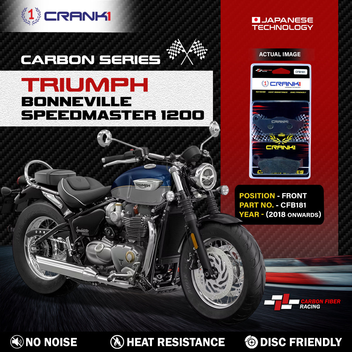 Carbon Brake Pads For Triumph Bonneville Speedmaster 1200 (2018 Onwards) - Front - CFB181 - 2 Sets - CRANK1