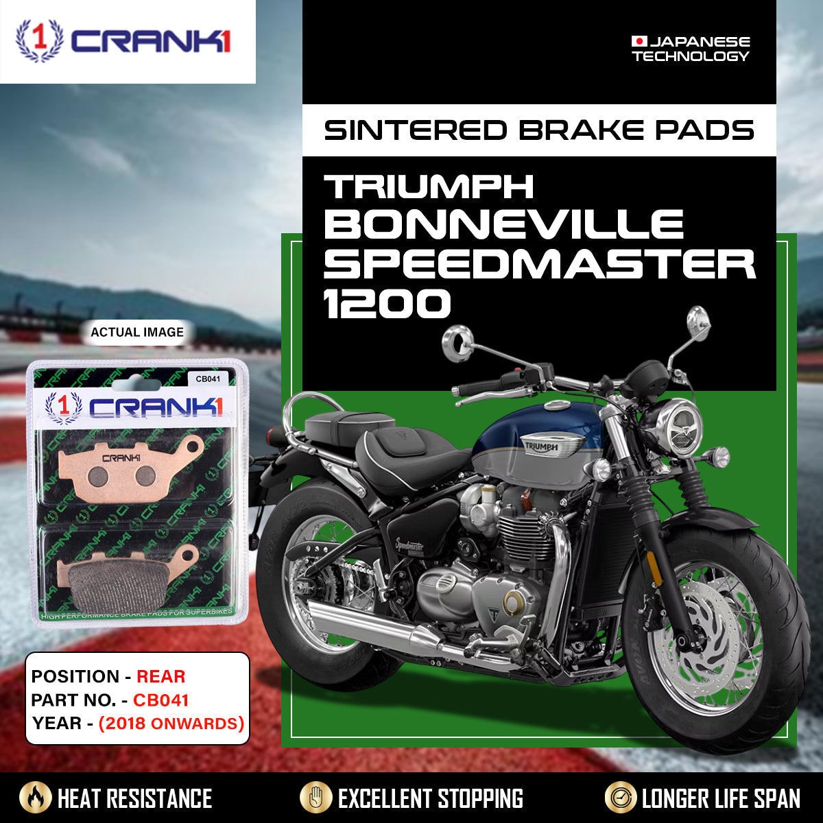 Sintered Brake Pads For Triumph Bonneville Speedmaster 1200 (2018 Onwards) - Rear - CB041 - 1 Set - CRANK1