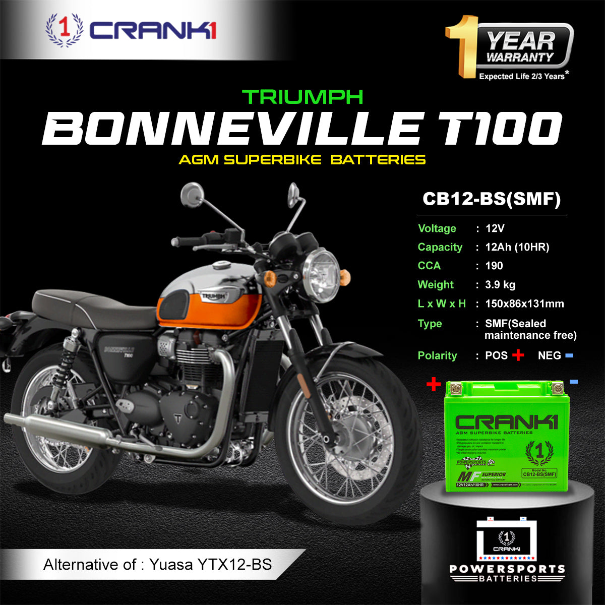 Battery For Triumph Bonneville T100 (2005-2025) - CB12-BS - Factory Activated - CRANK1