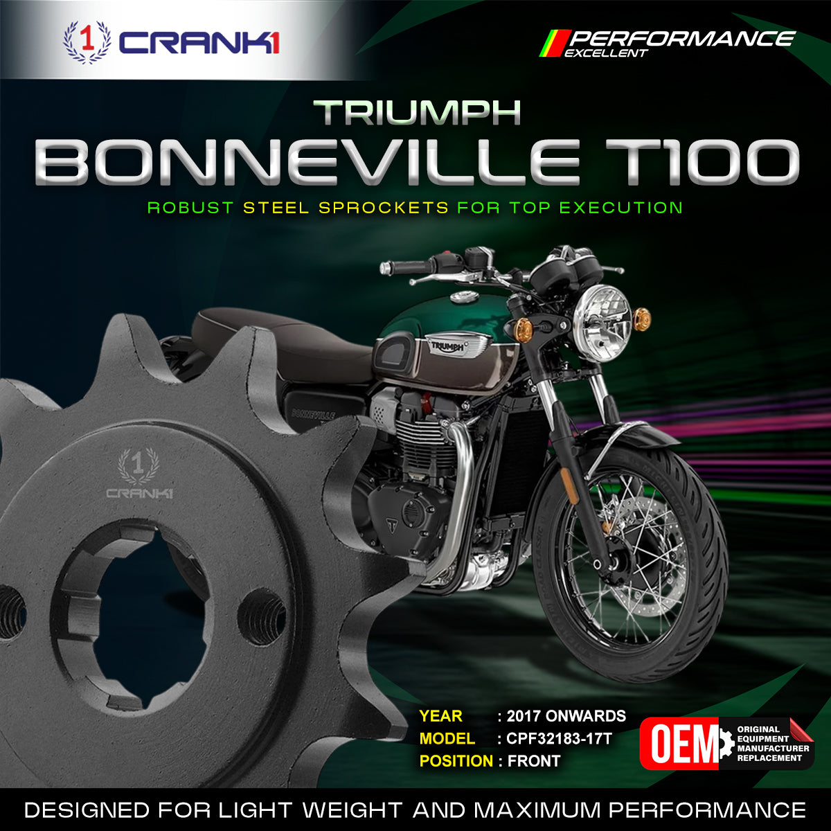 Sprocket For Triumph Bonneville T100 (2017 Onwards) - Front - CPF32183-17T - CRANK1