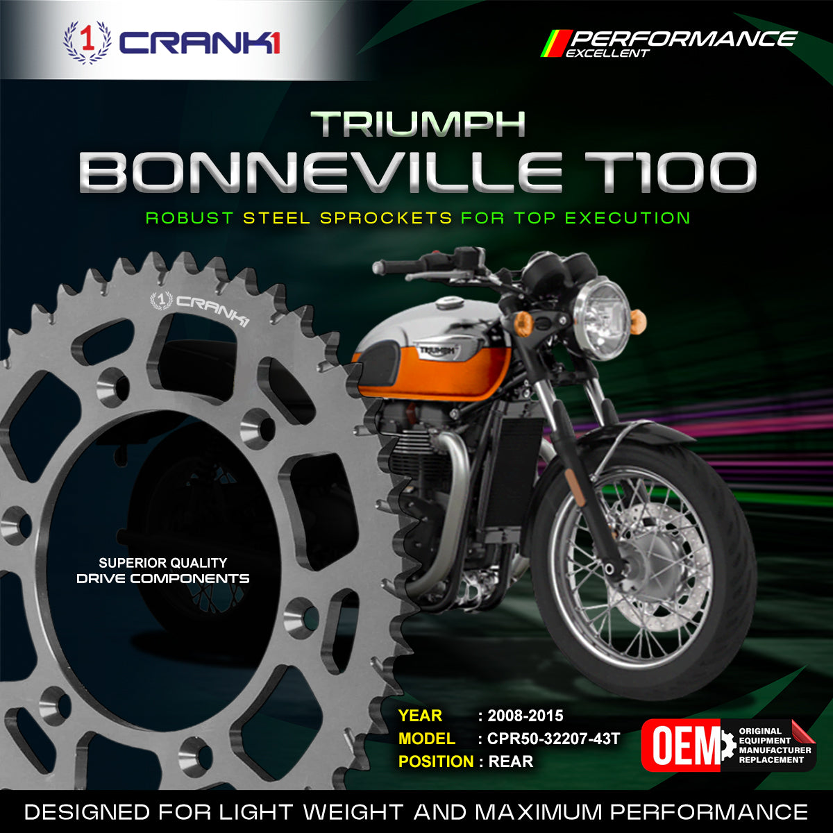 Sprocket For Triumph Bonneville T100 (2008-2015) - Rear - CPR50-32207-43T - CRANK1