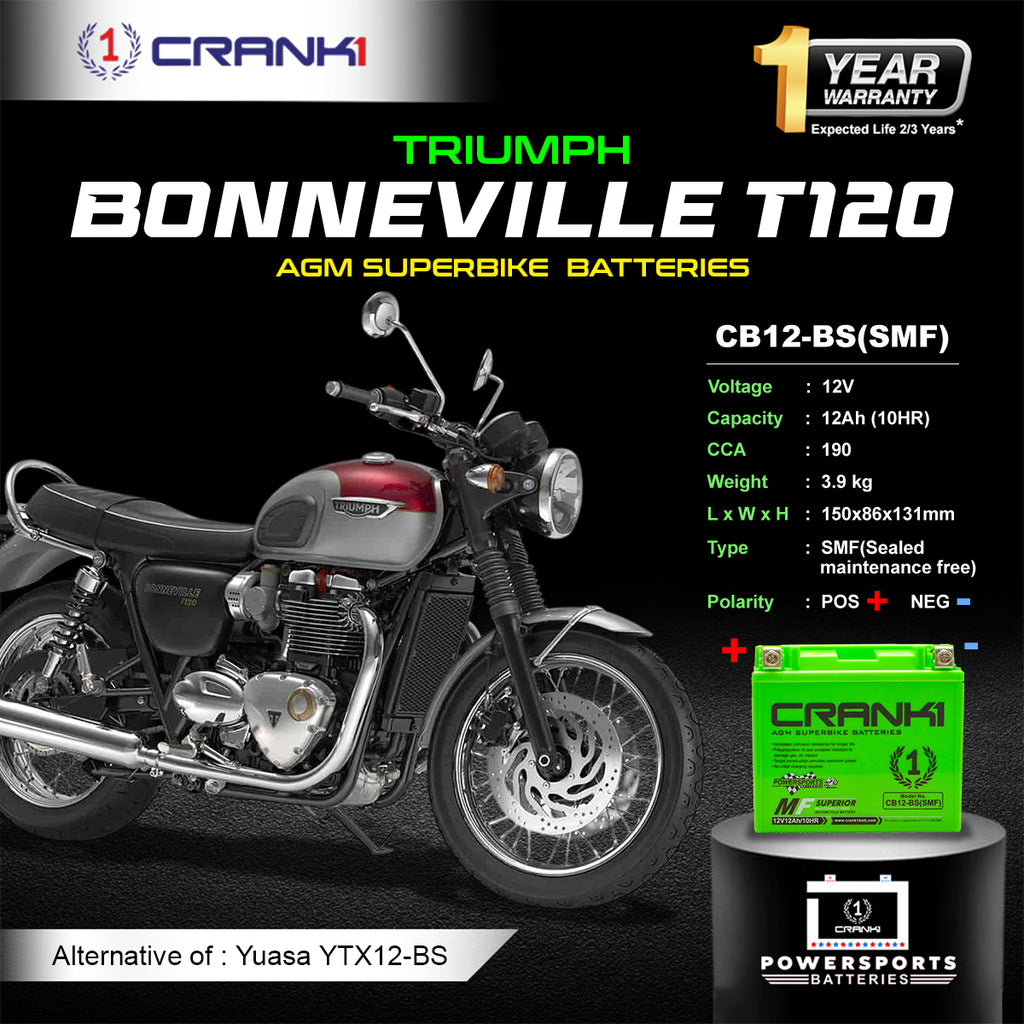 Battery For Triumph Bonneville T120 (2016 onwards) - CB12-BS - Factory Activated - CRANK1