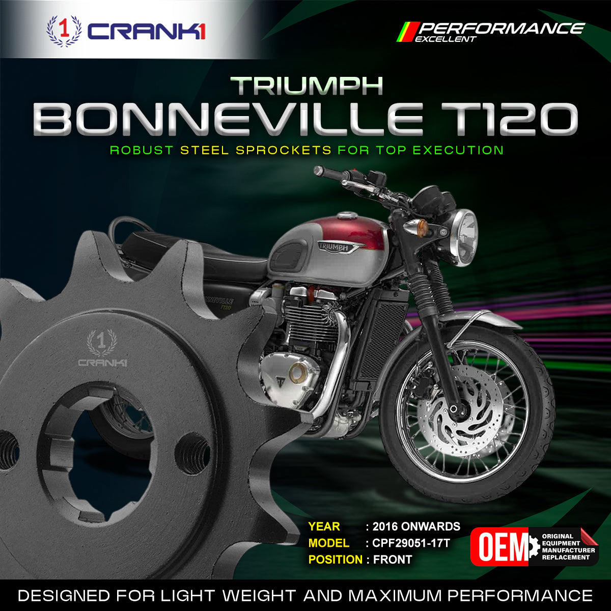 Sprocket For Triumph Bonneville T120 (2016 Onwards) - Front - CPF29051-17T - CRANK1