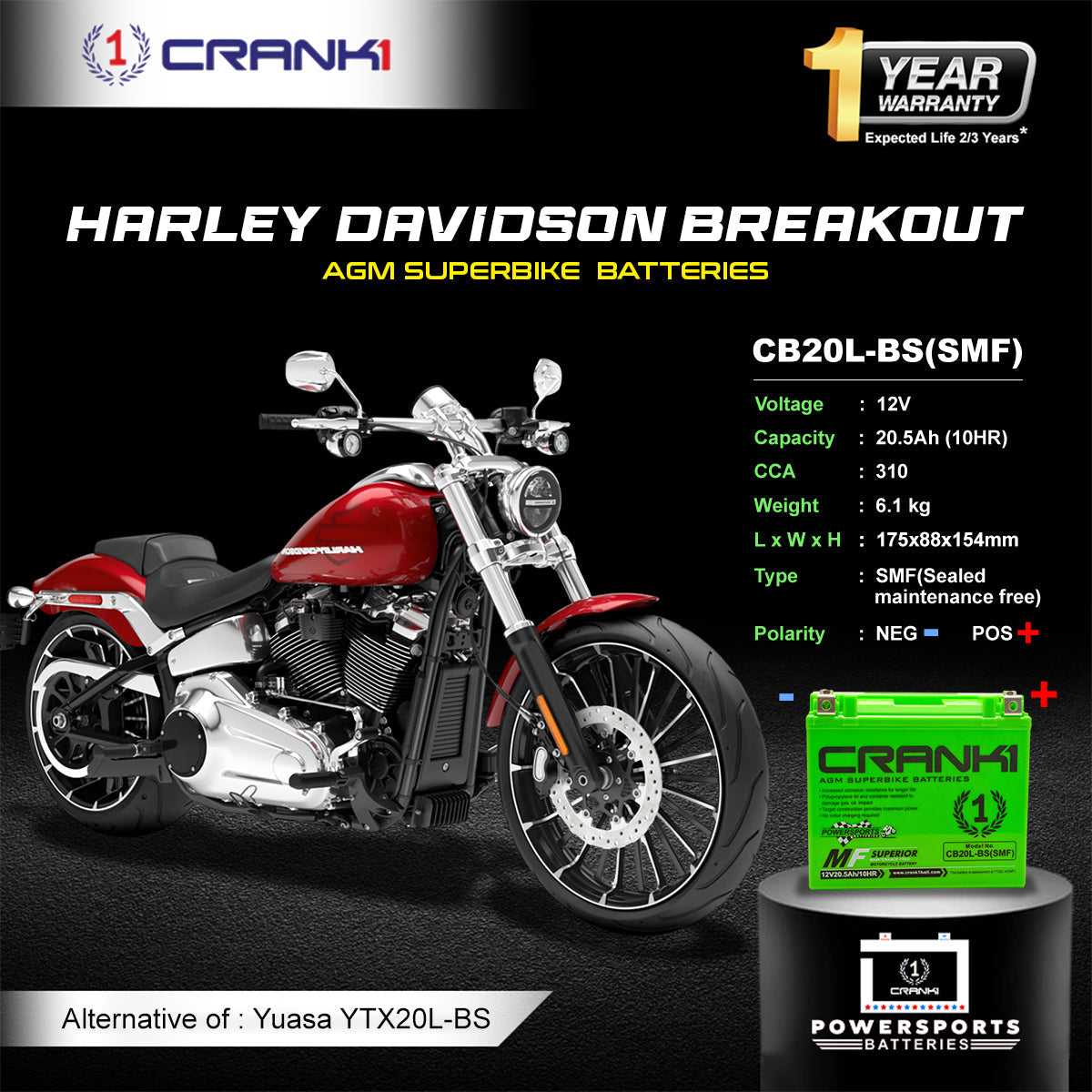 Battery For Harley Davidson Breakout (2015-2025) - CB20L-BS - Factory Activated - CRANK1