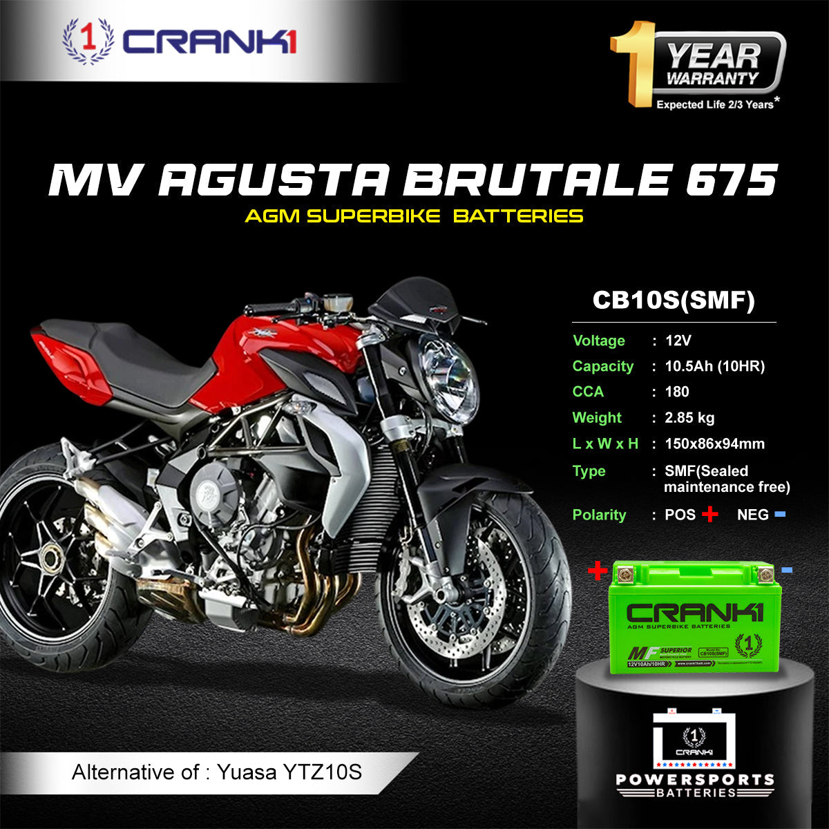 Battery For MV Agusta Brutale 675 (2006-2009) - CB10S - Factory Activated - CRANK1