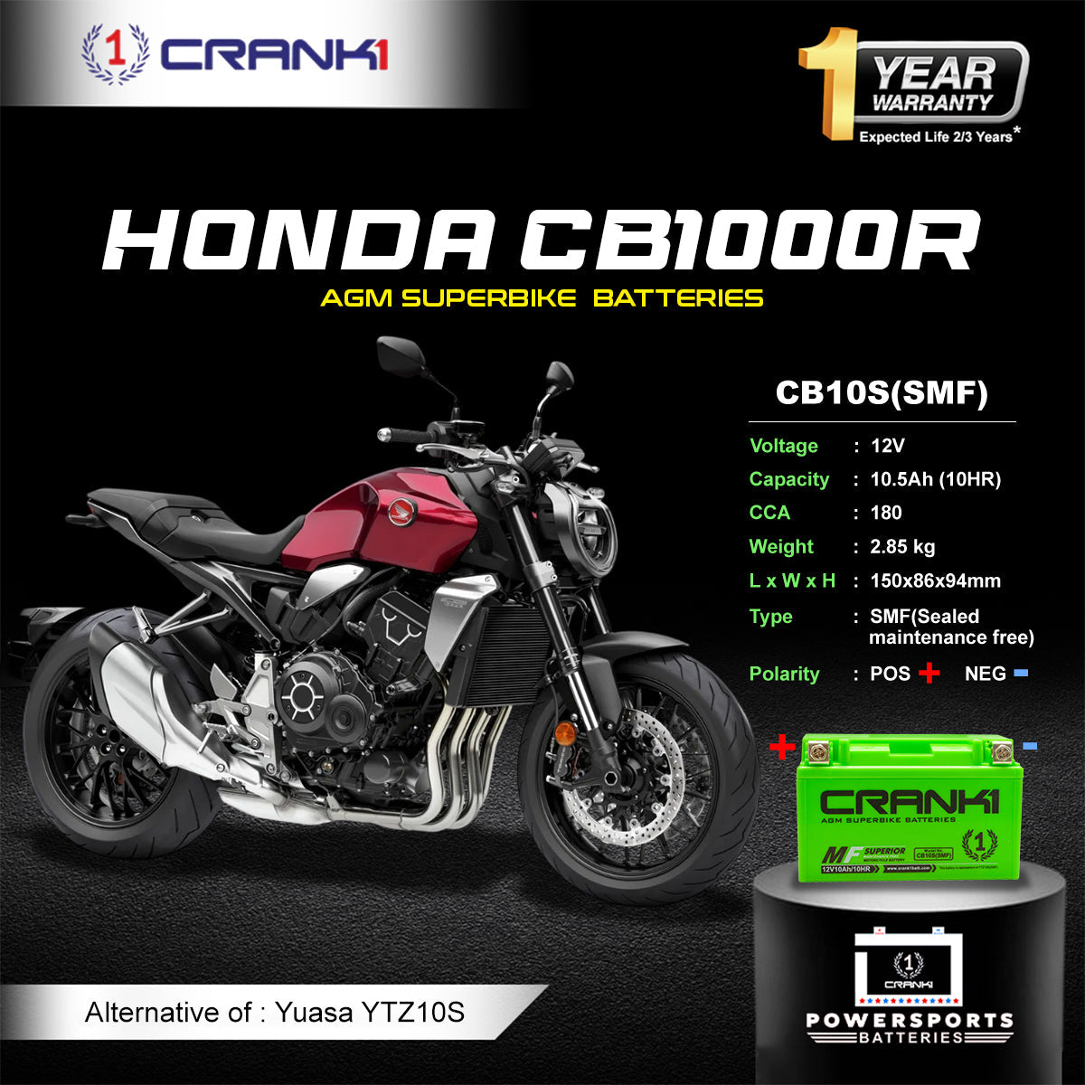 Battery For Honda CB1000R (2009-2025) - CB10S - Factory Activated - CRANK1