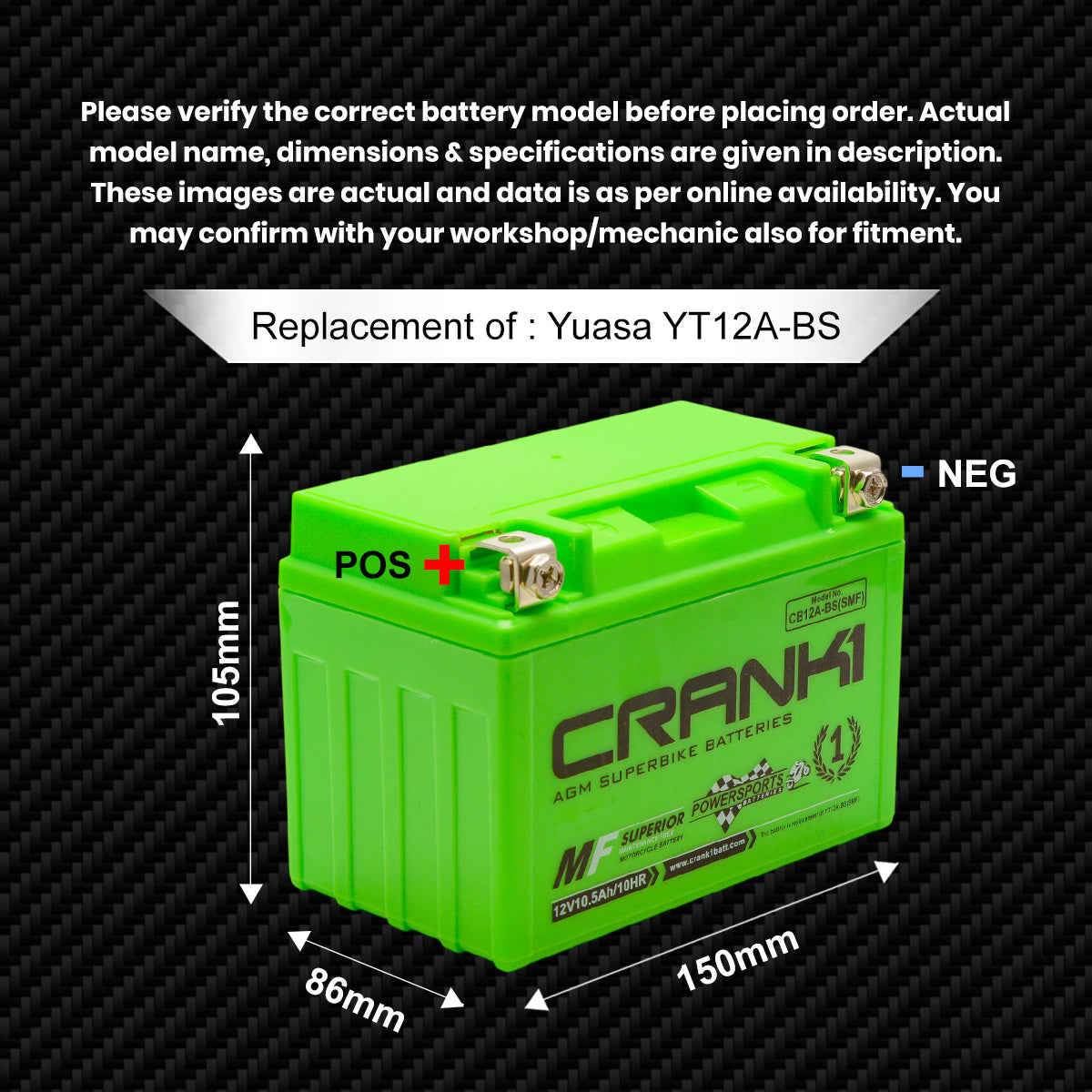 Battery For Kawasaki Ninja 1000 ABS (2014-2025) - CB12A-BS - Factory Activated - CRANK1
