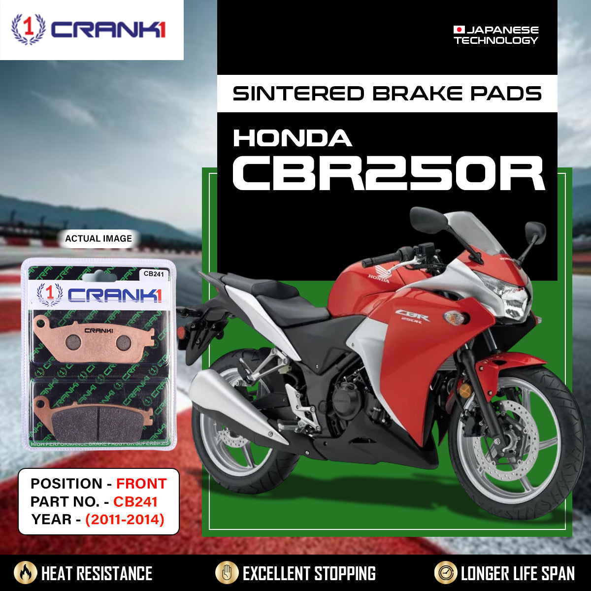 Sintered Brake Pads For Honda CBR250R (2011-2014) - Front - CB241 - 1 Set - CRANK1