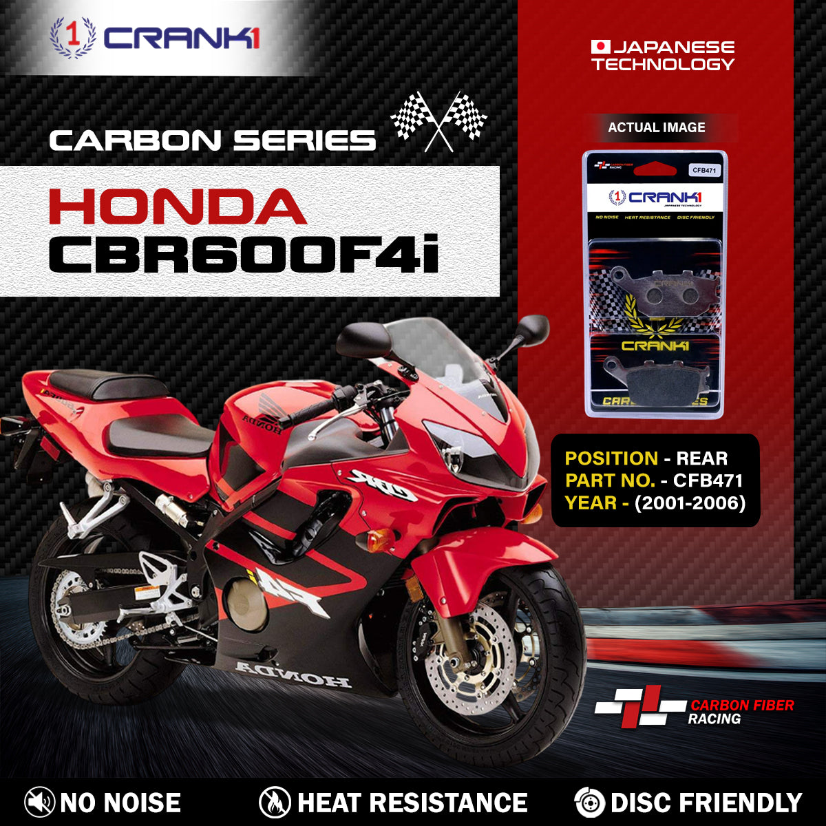 Carbon Brake Pads For Honda CBR600F4i (2001-2006) - Rear - CFB471 - 1 Set - CRANK1