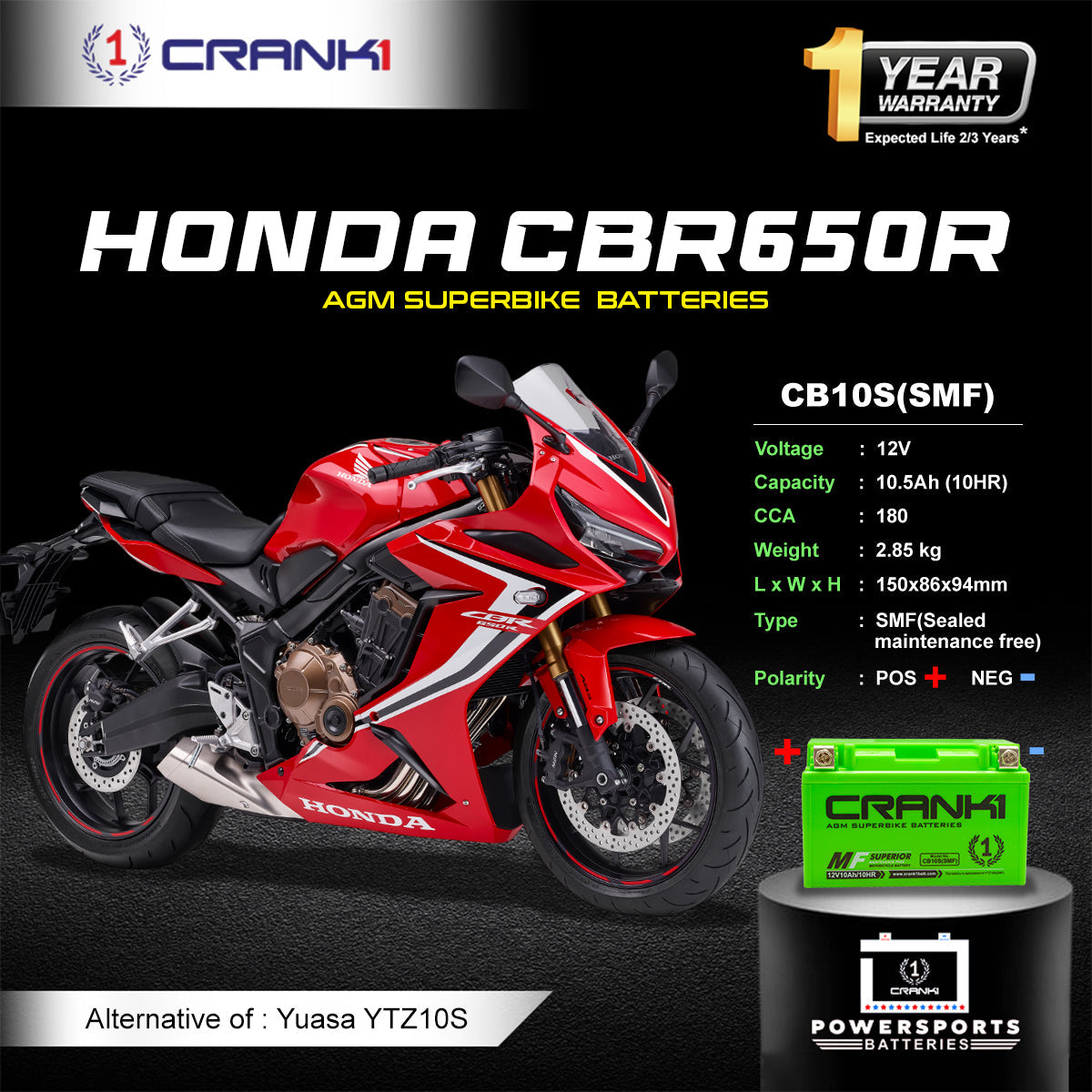 Battery For Honda CBR650R (2010-2025) - CB10S - Factory Activated - CRANK1
