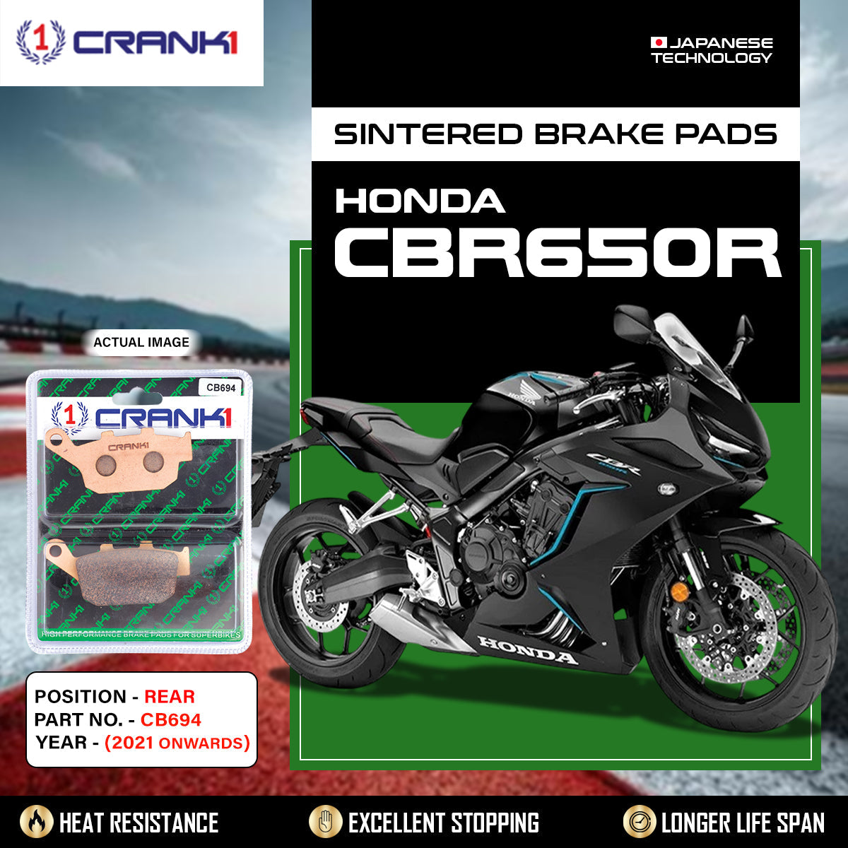 Sintered Brake Pads For Honda CBR650R (2021 Onwards) - Rear - CB694 - 1 Set - CRANK1
