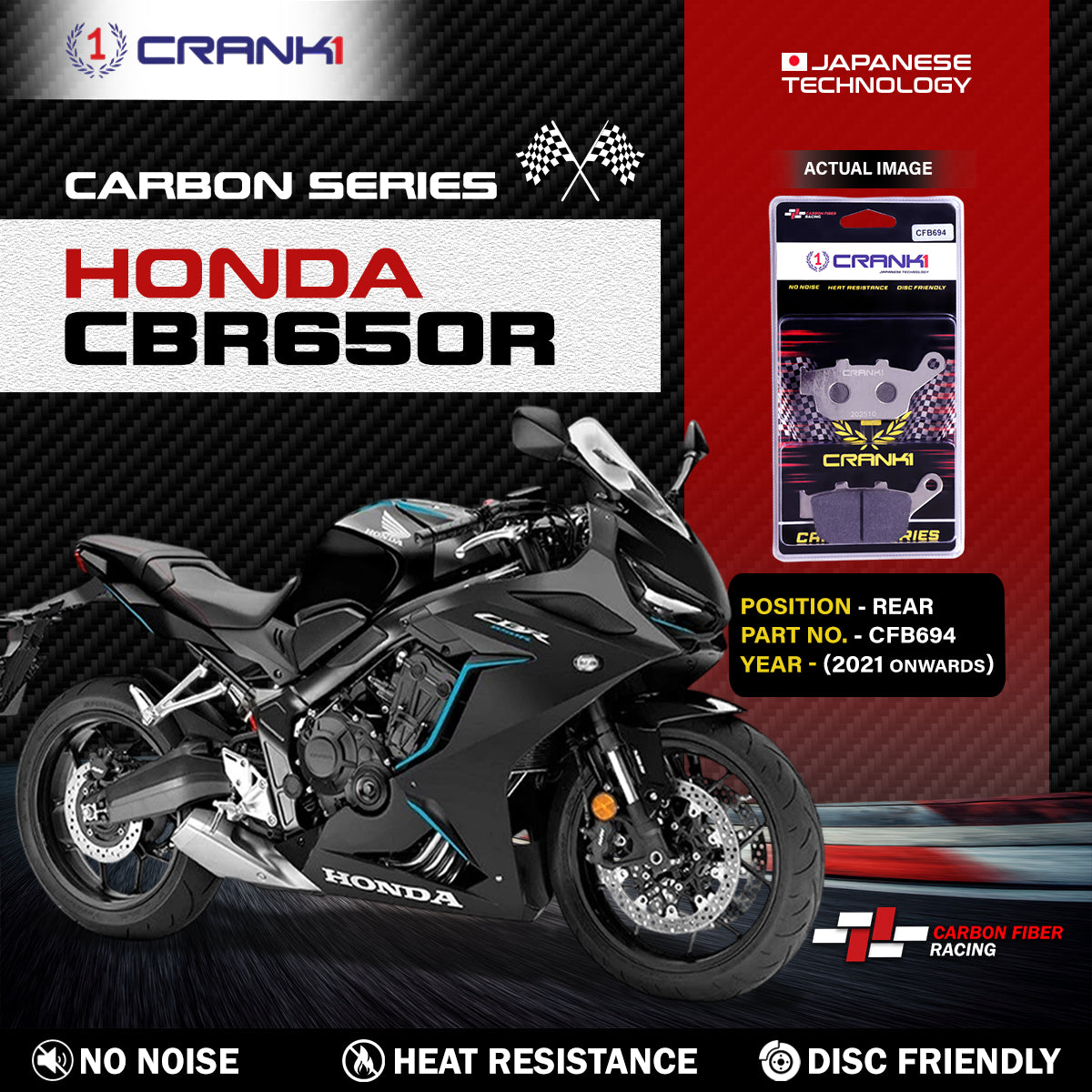 Carbon Brake Pads For Honda CBR650R (2021 Onwards) - Rear - CFB694 - 1 Set - CRANK1