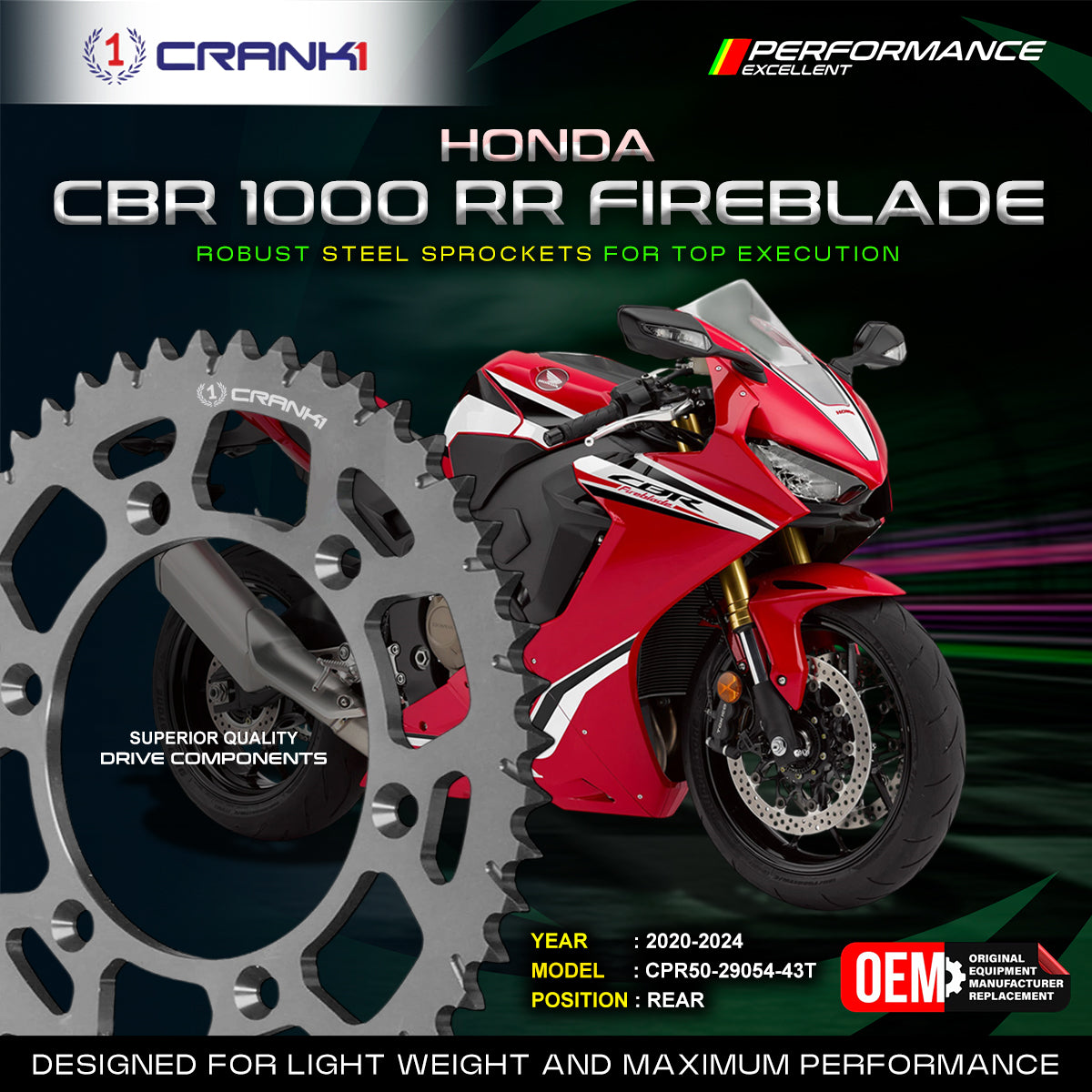 Sprocket For  Honda CBR 1000RR Fireblade (2020-2024) - Rear - CPR50-29054-43T - CRANK1