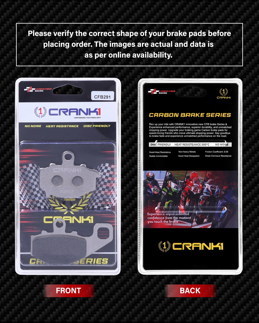 Carbon Brake Pads For Kawasaki Ninja 1000SX (2015-2019) - Rear - CFB291 - 1 Set - CRANK1