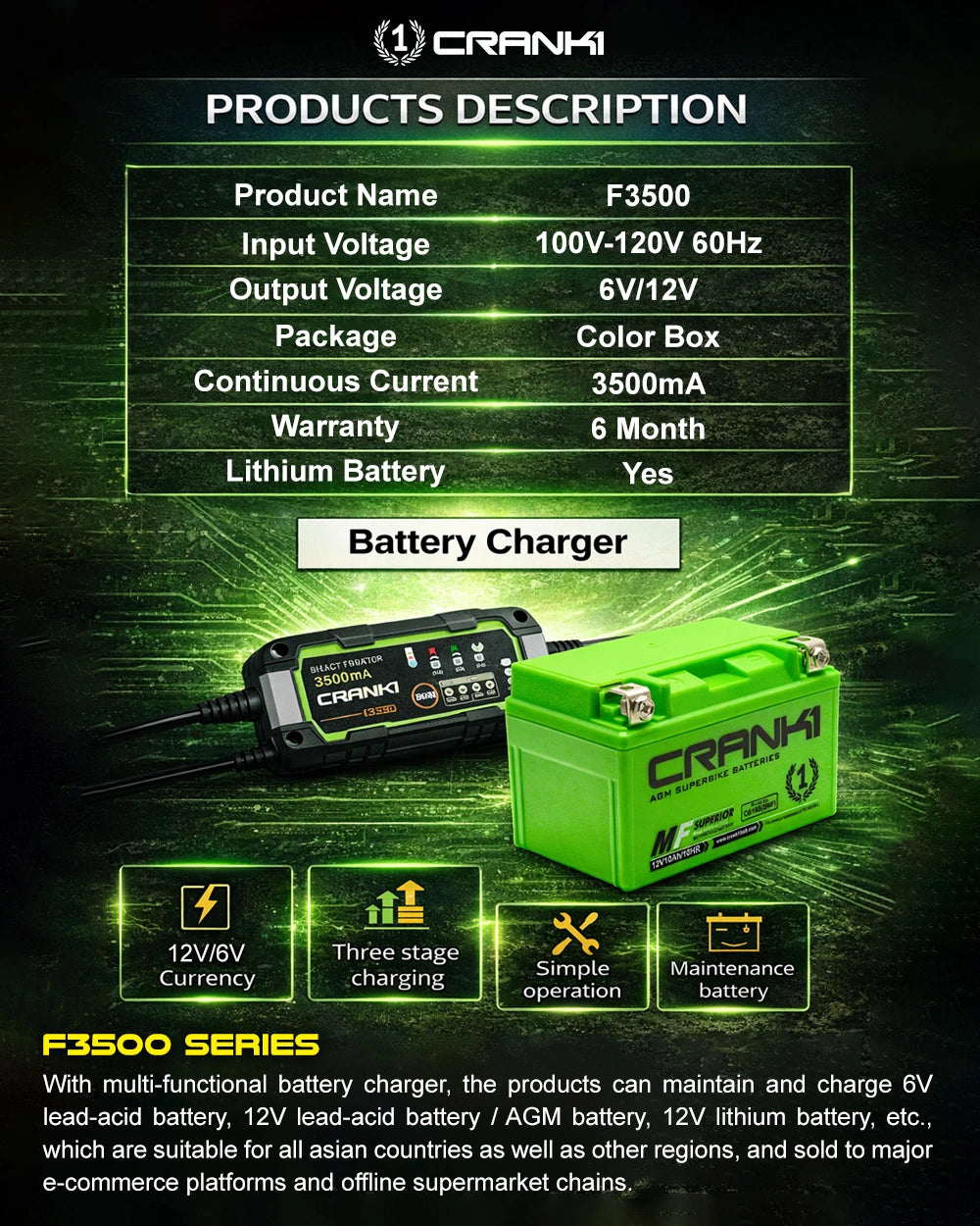 Charger For Car Battery - F3500 - CRANK1