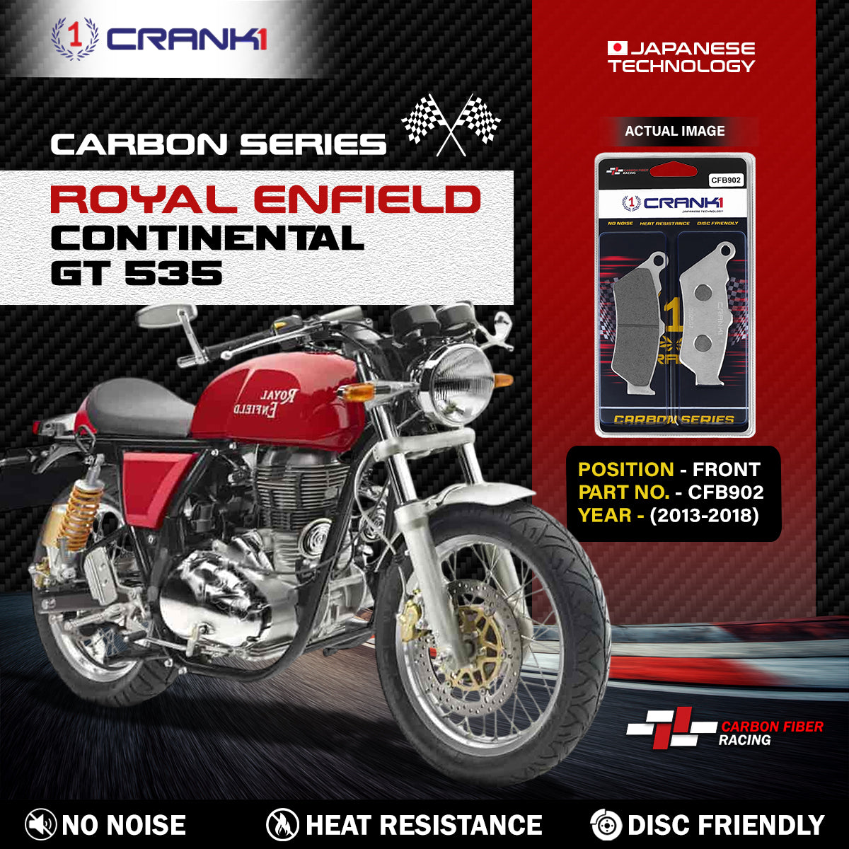 Carbon Brake Pads For Royal Enfield Continental GT 535 (2013-2018) - Front - CFB902 - 1 Set - CRANK1