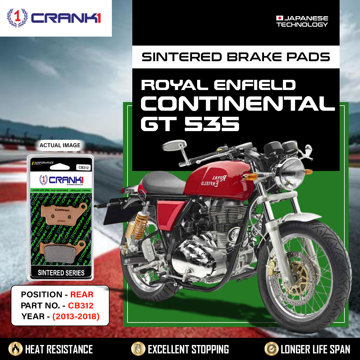 Sintered Brake Pads For Royal Enfield Continental GT 535 (2013-2018) - Rear - CB312 - 1 Set - CRANK1