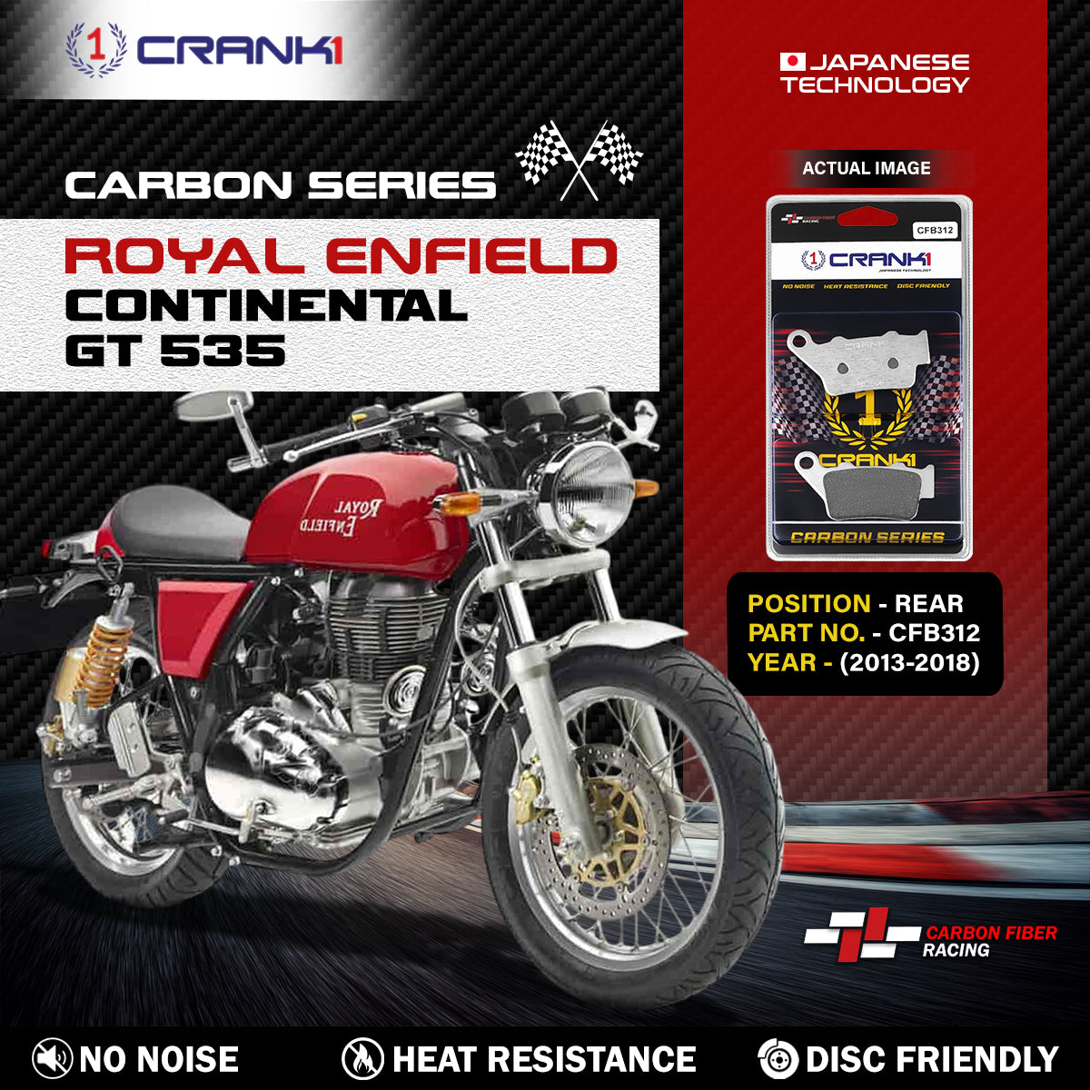 Carbon Brake Pads For Royal Enfield Continental GT 535 (2013-2018) - Rear - CFB312 - 1 Set - CRANK1