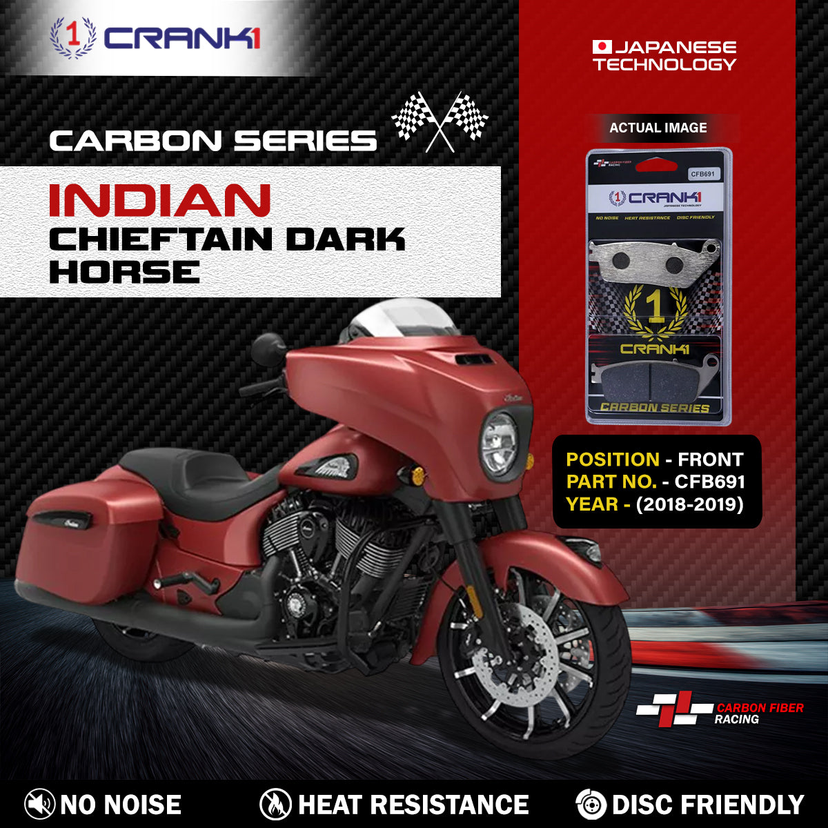 Carbon Brake Pads For Indian Chieftain Dark Horse (2018-2019) - Front - CFB691 - 1 Set - CRANK1