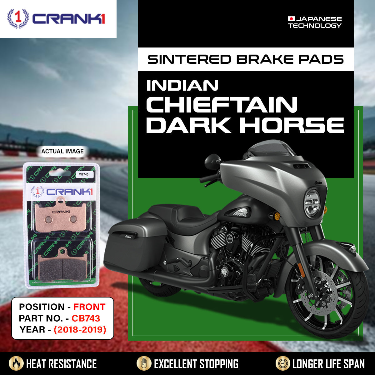 Sintered Brake Pads For Indian Chieftain Dark Horse (2018-2019) - Front - CB743 - 2 Sets Required - CRANK1