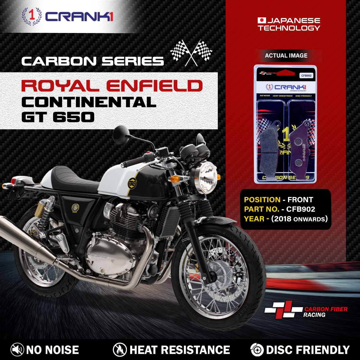 Carbon Brake Pads For Royal Enfield Continental GT 650 (2018 Onwards) - Front - CFB902 - 1 Set - CRANK1