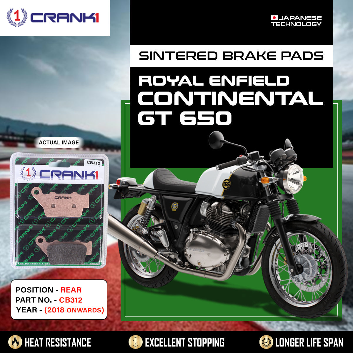 Sintered Brake Pads For Royal Enfield Continental GT 650 (2018 Onwards) - Rear - CB312 - 1 Set - CRANK1